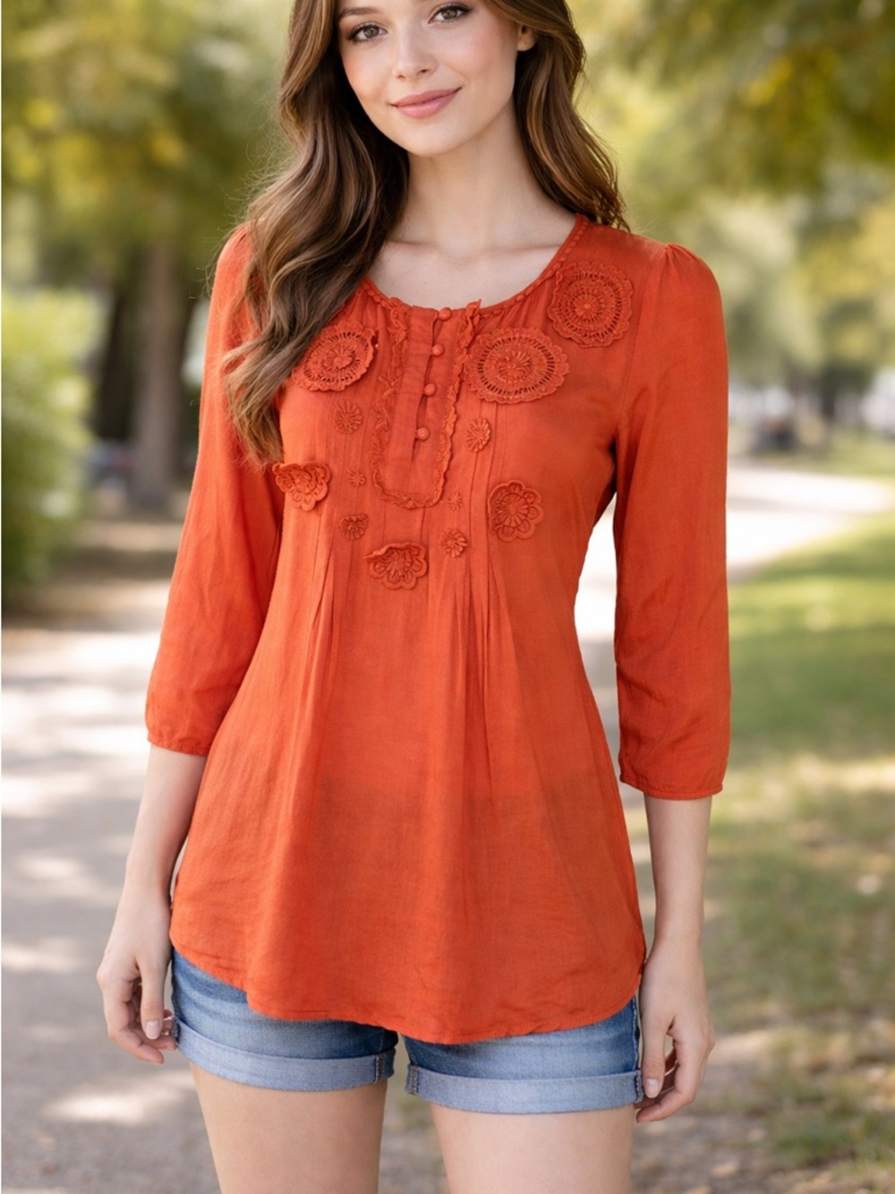 ✨Altar’d State Boho Embroidered Blouse Orange Tunic Top 3/4 Sleeve✨